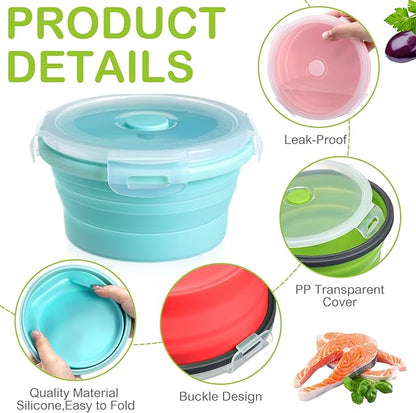 4 Set Camping Bowl with Lid Collapsible Silicone Bowl with Foldable Stainless Steel Fork Salad Bowl Portable Folding Fork Set for Travel Picnic Camping Utensils