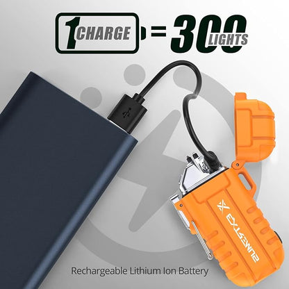 Extremus Blaze 360 Rechargeable Electric Lighters, Dual Arc Lighter, Windproof Plasma Lighter, Waterproof Lighter, Flameless Lighter with Whistle Lanyard for Camping (Orange Flashlight)