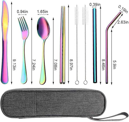 Travel Utensils with Case, Portable Travel Utensils Cutlery Set Stainless Steel Flatware Set for Camping 8pcs Including Dinner Knife Fork Spoon Chopsticks Boba Straw (Rainbow)