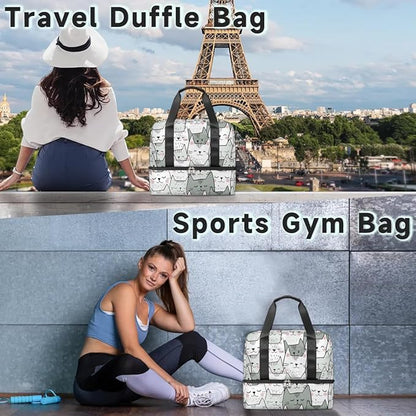 Sports Gym Bag Cute Cartoon Cat Travel Duffel Bag Waterproof Lightweight Swim Bag Travel Tote Luggage Weekender Overnight Handbag Workout Bag with Shoes Compartment for Women Men