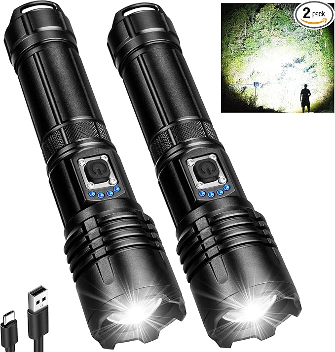 Rechargeable LED Flashlights High Lumens, 990,000 Lumens Super Bright Flashlights with 5 Modes, Waterproof Powerful Flash Light Multifunctional Flashlights for Home Camping(2 Pack)