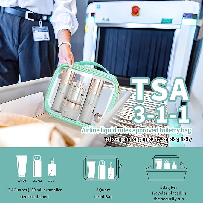 TSA Approved Travel Toiletry Bag,4 Pack Clear Makeup Bags with Handles,Quart Size Clear Cosmetic Bags for Traveling Women,Men,Carry on Airport Airline Compliant Bag,Green