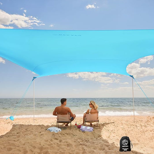 WEKAPO Beach Tent Sun Shelter - Easy Setup Beach Canopy with 4 Sturdy Poles, Large Sandbags and Shovel, 7'1'' Tall, Windproof Sun Shade for Backyard and Camping, UPF 50+ Protection