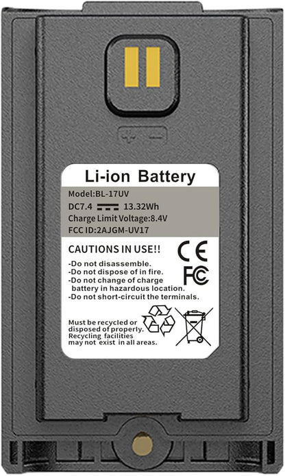 BAOFENG 2 Pakcs UV-17R Battery Original BL-17UV Enlarge 1800mAh USB-C Charging Rechargerable DC7.4V 13.32Wh Li-ion Battery