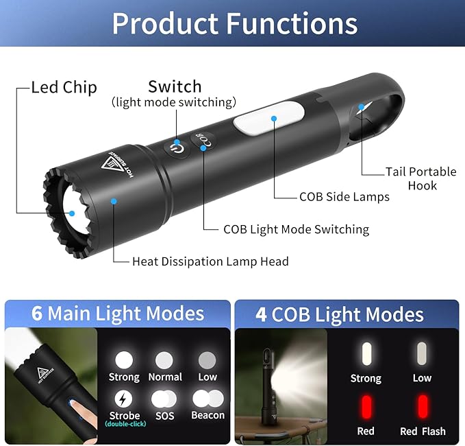 LED Flashlight Rechargeable, High Lumens Small Tactical Flash Light with COB Sidelight & Hook, Powerful Zoomable Handheld Flashlights for Camping, Dog Walking, Hiking, Emergencies, Home