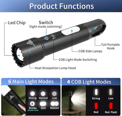 LED Flashlight Rechargeable, High Lumens Small Tactical Flash Light with COB Sidelight & Hook, Powerful Zoomable Handheld Flashlights for Camping, Dog Walking, Hiking, Emergencies, Home
