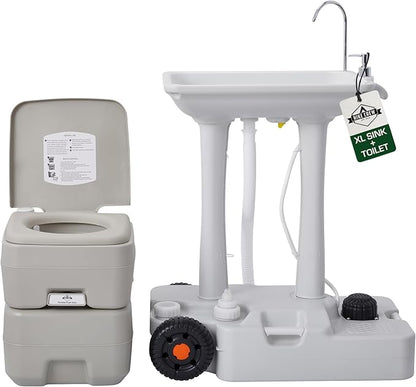 Hike Crew XL Portable Camping Sink & Toilet | Extra Large Washing Station with 8 Gal Capacity, Hands-Free Foot Pump, Faucet, Soap Dispenser & Towel Rack | Includes Travel Toilet with 5 Gal Waste Tank