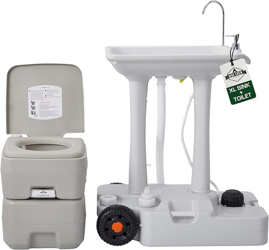 Hike Crew XL Portable Camping Sink & Toilet | Extra Large Washing Station with 8 Gal Capacity, Hands-Free Foot Pump, Faucet, Soap Dispenser & Towel Rack | Includes Travel Toilet with 5 Gal Waste Tank