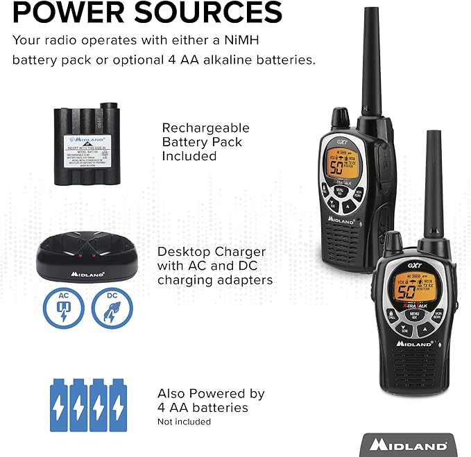 Midland GXT1000VP4 - 50 Channel GMRS Two-Way Radio - Long Range Walkie Talkie with 142 Privacy Codes, SOS Siren, and NOAA Weather Alerts and Weather Scan (Black/Silver, Pair Pack)