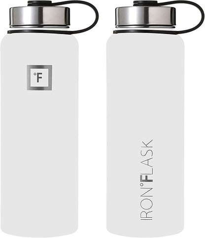 IRON °FLASK Camping & Hiking Hydration Flask, Wide Mouth, 3 Straw Lids, Stainless Steel Outdoor Water Bottle, Double Walled, Insulated Thermos, Metal Canteen - Winter White, 40 Oz