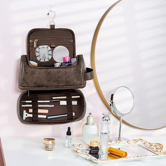 Elviros Toiletry Bag for Mens PU Leather Travel Organizer Kit with Hanging hook, Large Water-resistant Toiletries Bathroom Shaving Bags (Extra Large, Coffee)