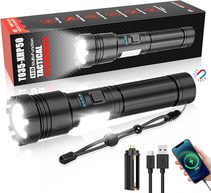 LED Magnetic Flashlight High Lumens Rechargeable, 10000 Lumens Super Bright Small Tactical Flashlights with COB Work Light, Type C, Zoomable, 7 Modes, IPX7 Waterproof Handheld Flashlights for Camping