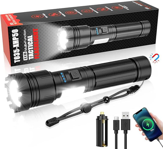 LED Magnetic Flashlight High Lumens Rechargeable, 10000 Lumens Super Bright Small Tactical Flashlights with COB Work Light, Type C, Zoomable, 7 Modes, IPX7 Waterproof Handheld Flashlights for Camping