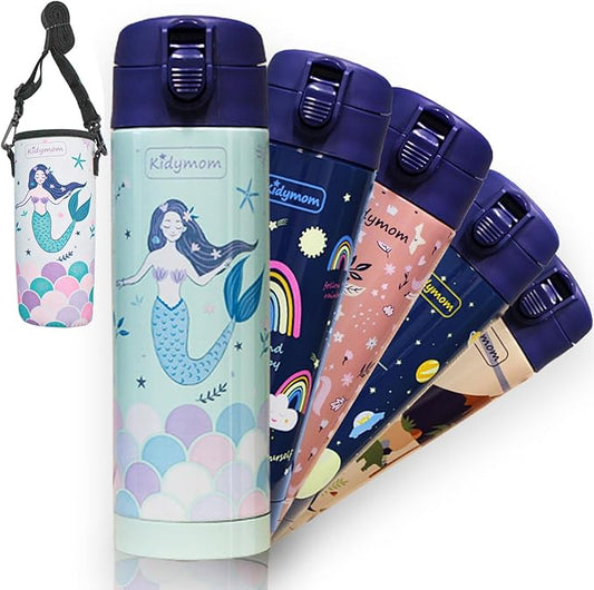 Stainless Steel Water Bottle Kids 12 oz With Carrying Pouch| Insulated Water Bottle For Kid, Toddler, Girls, Boys or Teen | Leakproof, BPA-Free | Little Metal Tumbler for School | Mermaid Girl