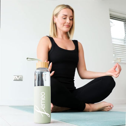 Femeo® Glass Water Bottle for Women | Eco, Yoga & Gym Friendly, 18oz | 100% Leakproof, BPA-Free, Dishwasher Safe, Borosilicate Drinking Glass Bamboo Sports Cap Mint