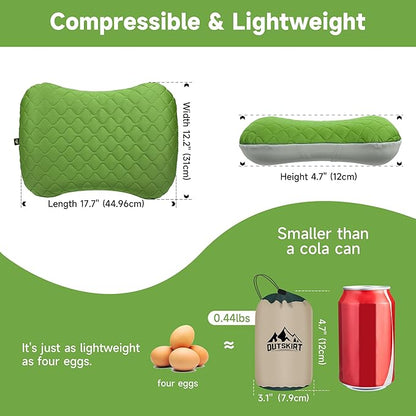 OUTSKIRT Inflatable Travel Pillow, 2-in-1 Camping Pillows for Sleeping, Ergonomic & Lightweight Small Backpacking Pillow for Travel, Hiking, Camping & Outdoor Activities, Green