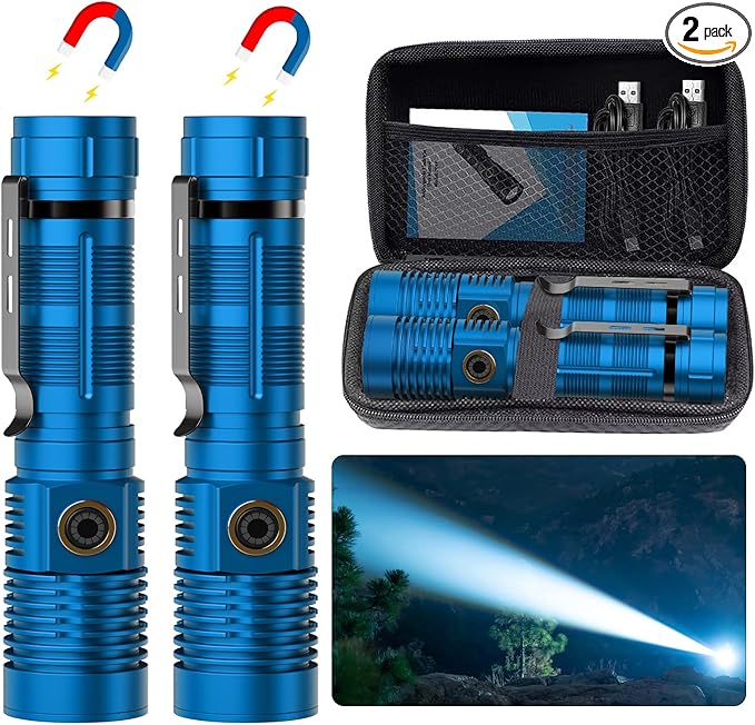 Small Tactical Flashlights 20000 High Lumens - 1500 Meters Long Beam Super Bright LED Magnetic Flashlight USB Rechargeable Zoomable 5Modes Long Beam Spotlight Flashlight for Hiking, Camping-Blue