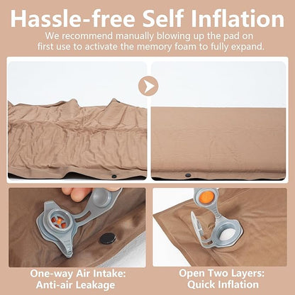 BISINNA Self Inflating Sleeping Pad Thick Foam Sleeping Mattress with Pillow for Camping Lightweight Insulated Sleeping Mat Fast Inflating for Camping Travel Car Tent 2inches