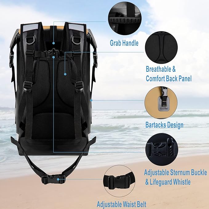 BRONZY Waterproof Backpack Dry Bag 30L Roll Top Closure With Front Zippered Pocket Heavy Duty Breathable Foam Padded Backing For Kayaking Camping Boating Hiking Beach (Khaki)