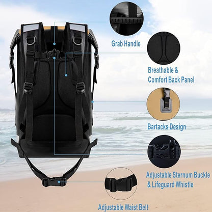 BRONZY Waterproof Backpack Dry Bag 30L Roll Top Closure With Front Zippered Pocket Heavy Duty Breathable Foam Padded Backing For Kayaking Camping Boating Hiking Beach (Khaki)