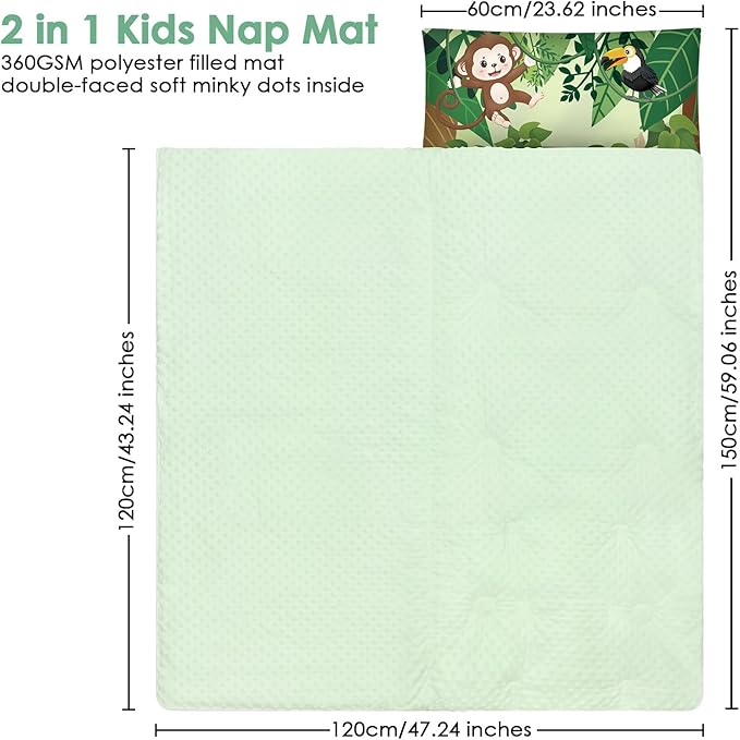 Kids Sleeping Bag Toddler Nap Mat with Removable Pillow, Large Foldable Sleeping Bag for Girls Boys, Easy Clean Slumber Bag with Double Zip for Camping School Preschool Daycare, 59×24 inch