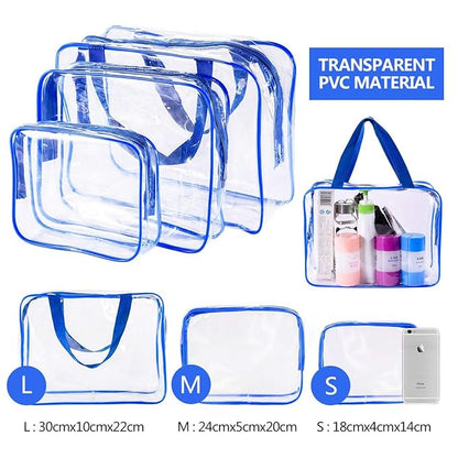 6Pcs Crystal Clear PVC Travel Toiletry Bag Kit for Women Men, Waterproof Vinyl Packing Organizer Storage Bags with Zipper Handle Straps, Cosmetic Pouch Carry on Airport Airline Compliant Bag Handbag