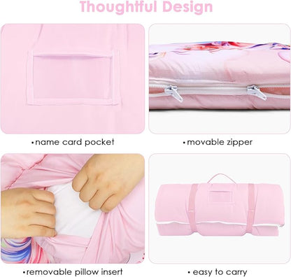 Kids Sleeping Bag Toddler Nap Mat with Removable Pillow, Large Foldable Sleeping Bag for Girls Boys, Easy Clean Slumber Bag with Double Zip for Camping School Preschool Daycare, 59×24 inch