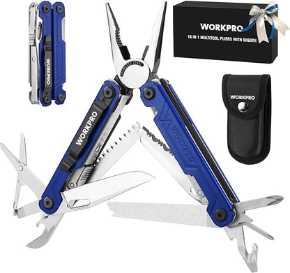 WORKPRO 18-in-1 Multi Tool Pliers, Stainless Steel EDC Multitool with Pocket Knife, 2 Safety Locks, Belt Clip and Oxford Pouch, Multipurpose Utility Multiuse Tool for Camping Outdoor Activities