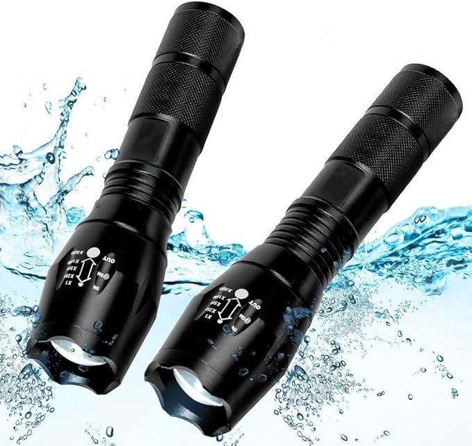 2 Pack Tactical Flashlights Torch, Military Grade 5 Modes 3000 High Lumens Led Waterproof Handheld Flashlight for Camping Biking Hiking Outdoor Home Emergency