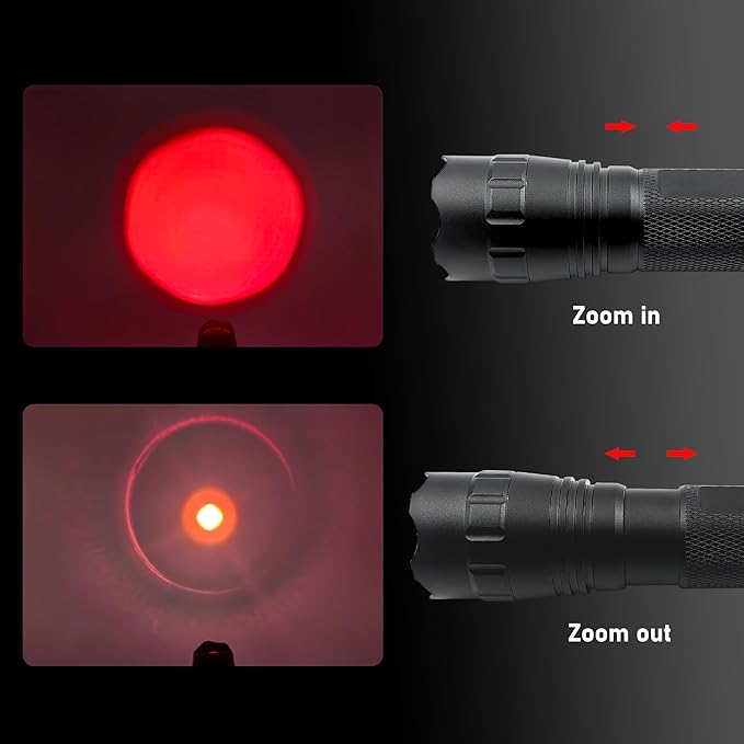 Stepless Dimming Red Flashlight 620nm-630nm High Purity Red LED Flashlight Focal Length Brightness Adjustable for Hunting Night Observation Astronomy Aviation
