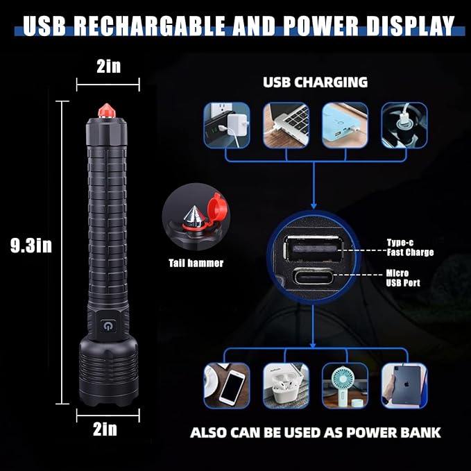 Rechargeable Led Flashlights 12000 Lumens Flashlight 9.3in Handheld Flashlights IP44 Waterproof Zoomable 5 Modes Waterproof Flash Lights for Emergency, Outdoor, Home, Camping, Hiking(Battery Free)