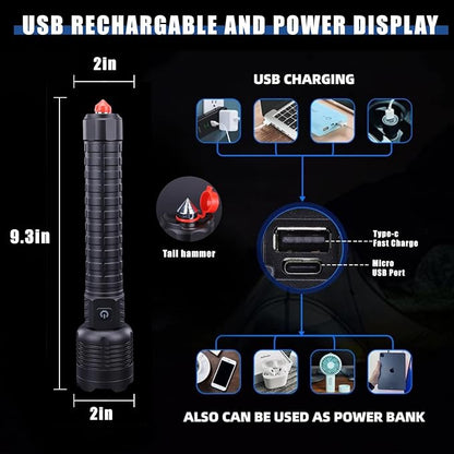 Rechargeable Led Flashlights 12000 Lumens Flashlight 9.3in Handheld Flashlights IP44 Waterproof Zoomable 5 Modes Waterproof Flash Lights for Emergency, Outdoor, Home, Camping, Hiking(Battery Free)