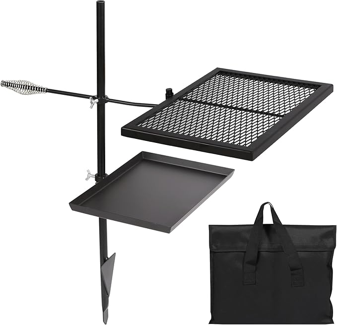 REDCAMP Swivel Campfire Grill Skillet Combo, Portable Heavy Duty Camping Grill Grate with Carrying Bag for Outdoor Fire pit Open Flame Cooking