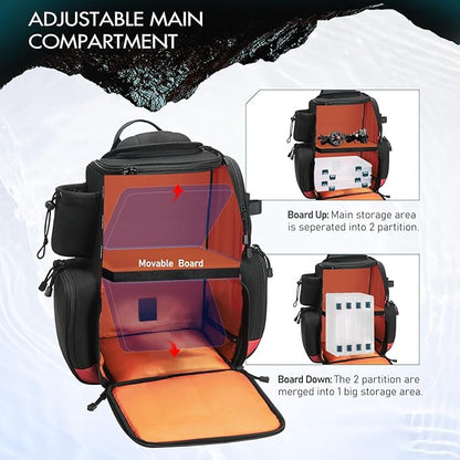 Piscifun Fishing Tackle Backpack with 4 Trays, Large Outdoor Storage Tackle Bag with Protective Rain Cover for Fishing Gear