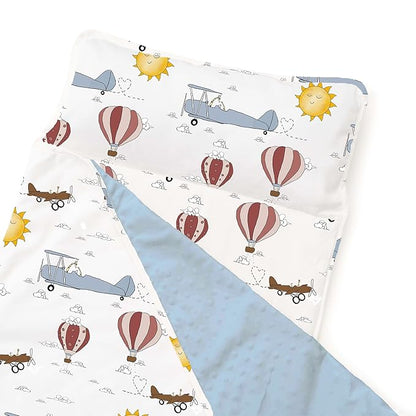 JumpOff Jo - Extra Long Toddler Nap Mat for Preschool, Daycare and Kindergarten - Sleeping Bag for Kids with Removable Pillow and Ultra Soft Blanket - Travel, Take Flight