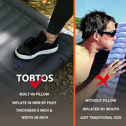 TOBTOS Self Inflating Camping Sleeping Pad with Pillow, Thick 6 Inch Ultralight Sleeping Pad with Built-in Pump, Lightweight Sleeping Mat for Camping, Backpacking, Hiking, Tent (Brown)