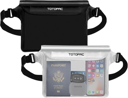 2-Pack Waterproof Fanny Pack, Phone Pouch with Waist Strap, 9x6.7 Inch Dry Bag for Phone, Cash, and Valuables – for Swimming, Kayaking, Boating, Snorkeling, and Water Sports (2, Black + White)
