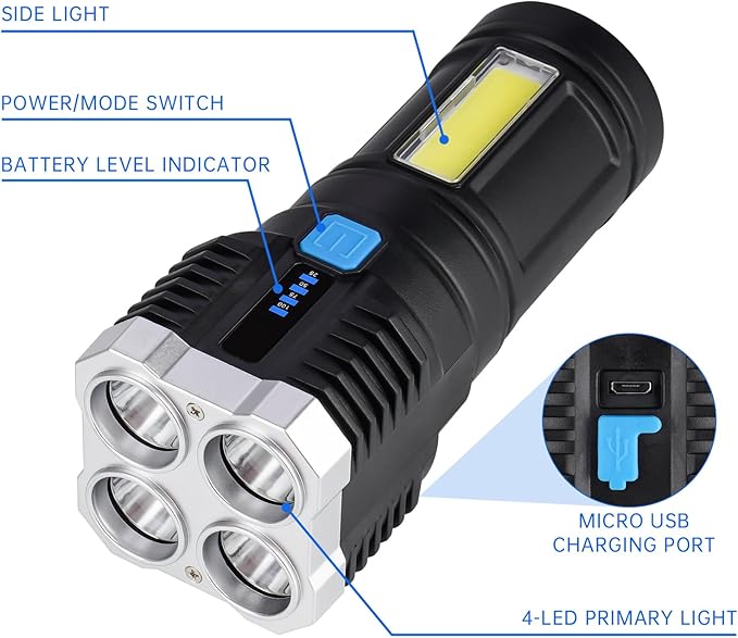 Tomorotec Multi-Functional 1000 Lumens Rechargeable LED Handheld Flashlight for Camping, Hiking, Emergency, Night Fishing, Mechanical Work & Outdoor - USB Charging, 4 Modes, Waterproof, Long-Lasting