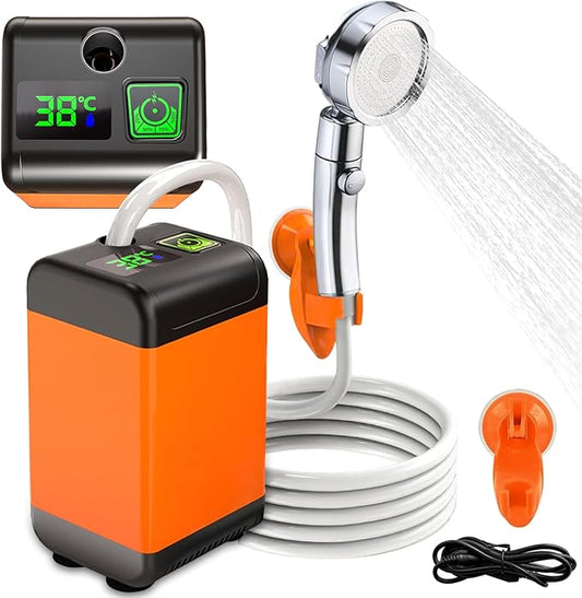 QJWDB Portable Shower for Camping: Outdoor Electric Shower Rechargeable Pump with Intelligent Digital Display - 3 Flow Mode Shower Head for Beach Field Camping Hiking Traveling Washing