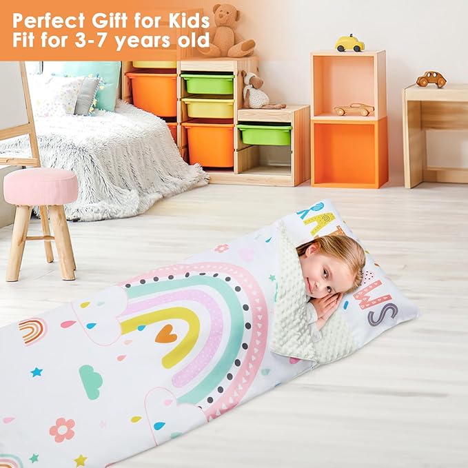 Kids Sleeping Bag Toddler Nap Mat with Removable Pillow, Large Foldable Sleeping Bag for Girls Boys, Easy Clean Slumber Bag with Double Zip for Camping School Preschool Daycare, 59×24 inch