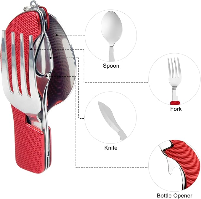 5 Pack Camping Utensils, 4-in-1 Portable Stainless Steel Cutlery with Fork, Spoon, Knife, and Bottle Opener - Lightweight, Detachable, and Durable Camping Silverware for Outdoor Events and Adventures