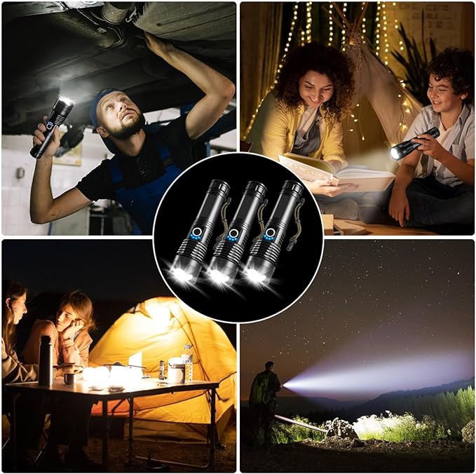 3Pack Rechargeable Flashlights High Lumens, 990000lm Super Bright Flashlight, 5Modes LED Flashlight Rechargeable, Adjustable Tactical Flashlights High Powered, Flash Lights for Emergency Camping Home