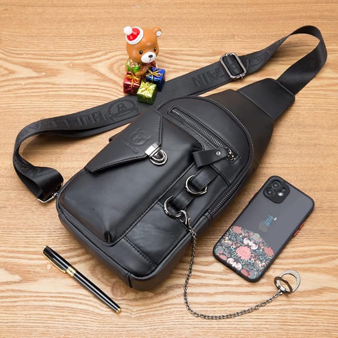 Vintage Genuine Leather Sling Bag Backpack for Men Crossbody with Cellphone Stand Chain Chest Shoulder Crossbody Daypack Black