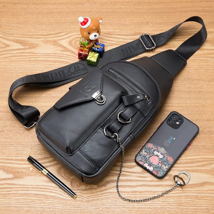 Vintage Genuine Leather Sling Bag Backpack for Men Crossbody with Cellphone Stand Chain Chest Shoulder Crossbody Daypack Black