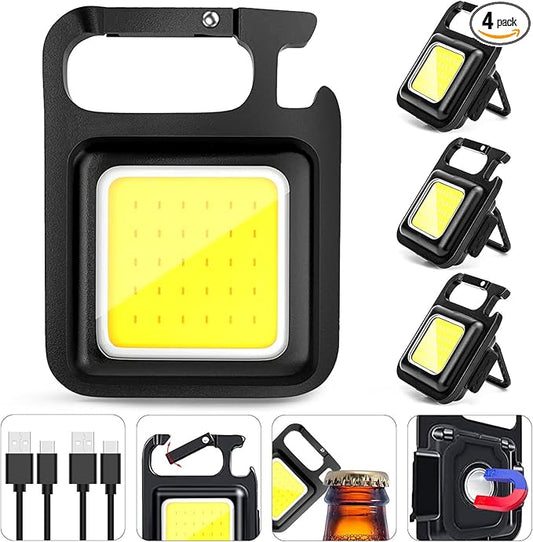 MAKDAK Keychain Flashlights Cob Keychain Work Light 4 Light Modes Small Emergency Light with Folding Bracket Bottle Opener for Fishing,Camping and Walking 4Pack