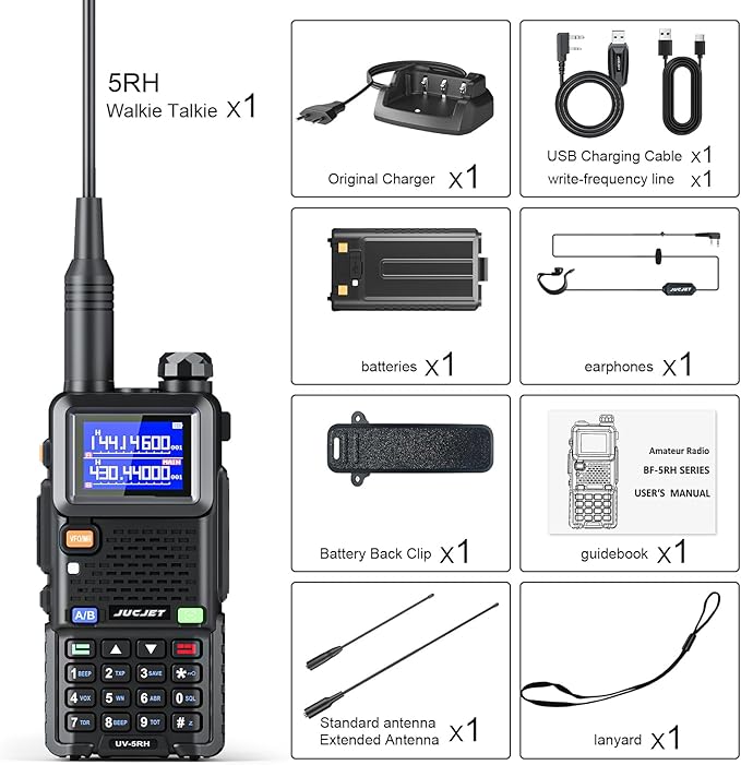 5RH Ham Long Rang Walkie Talkies 10W (Upgraded of UV-5R), 999CH One Key Frequency Match, 2500mAh Battery Rechargeable Walkie Talkies, with Programming Cable, Earpiece, Type-C Charging(1 Pack)