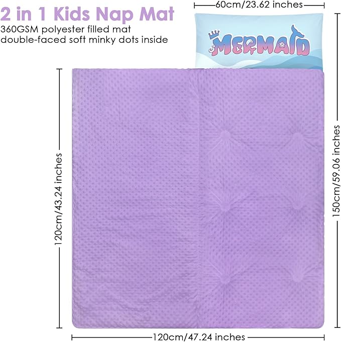 Kids Sleeping Bag Toddler Nap Mat with Removable Pillow, Large Foldable Sleeping Bag for Girls Boys, Easy Clean Slumber Bag with Double Zip for Camping School Preschool Daycare, 59×24 inch