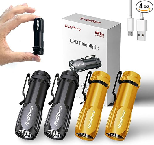 Small LED Flashlight 4 Pack, Rechargeable EDC Compact Pocket Lights, 400 Lumens Mini Flash Light with Clip, Bright Little Flashlights for Home, Emergency, Camping, Outdoor 2B2G