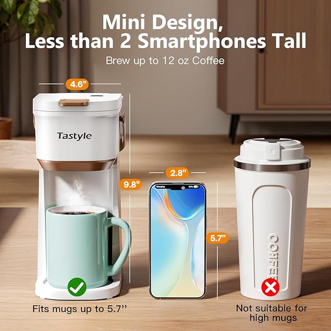 Single Serve One Cup Coffee Maker, for K Cups and Grounds, Mini Coffee Maker with Portable Handle, 6 to 12 Oz Brew Size, for Travel, Camping, Office, RV and Dorm, White and Brown