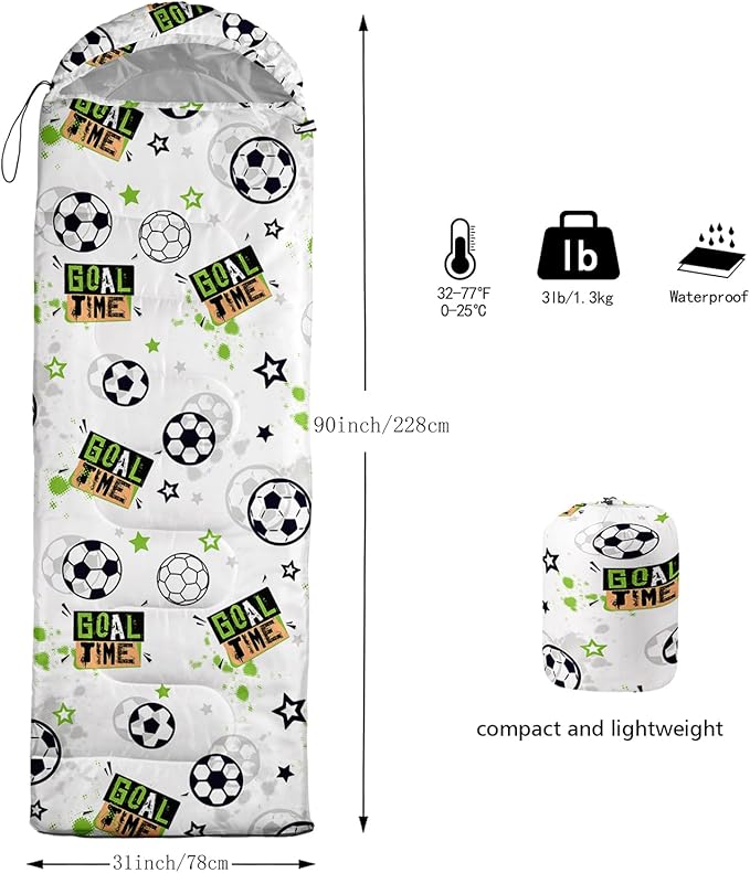 BSNTHO Soccer Boys Camping Sleeping Bags,3 Season Warm & Cool Weather,Lightweight,Waterproof Sleeping Bags for Adults & Kids,Traveling,and Outdoors,Camping Gear Equipment,31x90inch